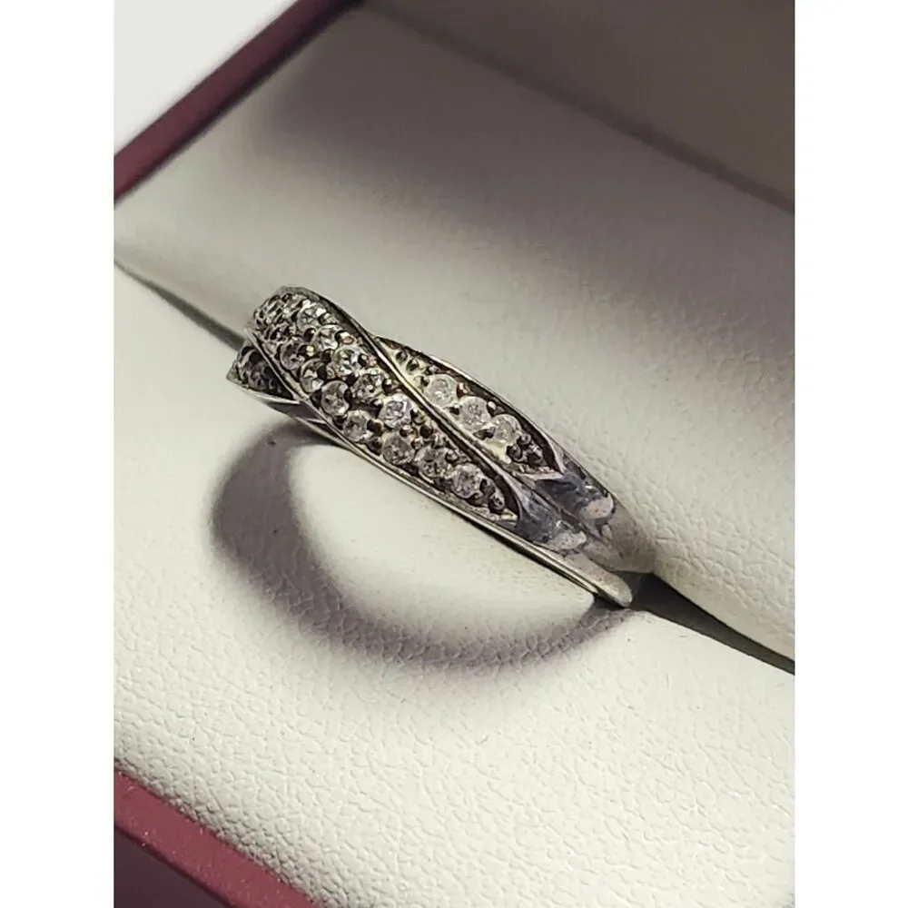 Sterling Silver Pave Crystal Crossover Ring Size 7